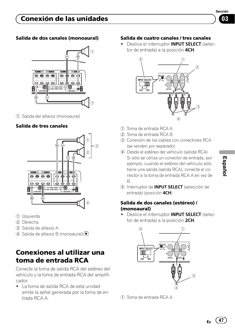 Conexiones al utilizar una toma de entrada rca, 03 conexión de las unidades | Pioneer GM-D8604 User Manual | Page 47 / 96