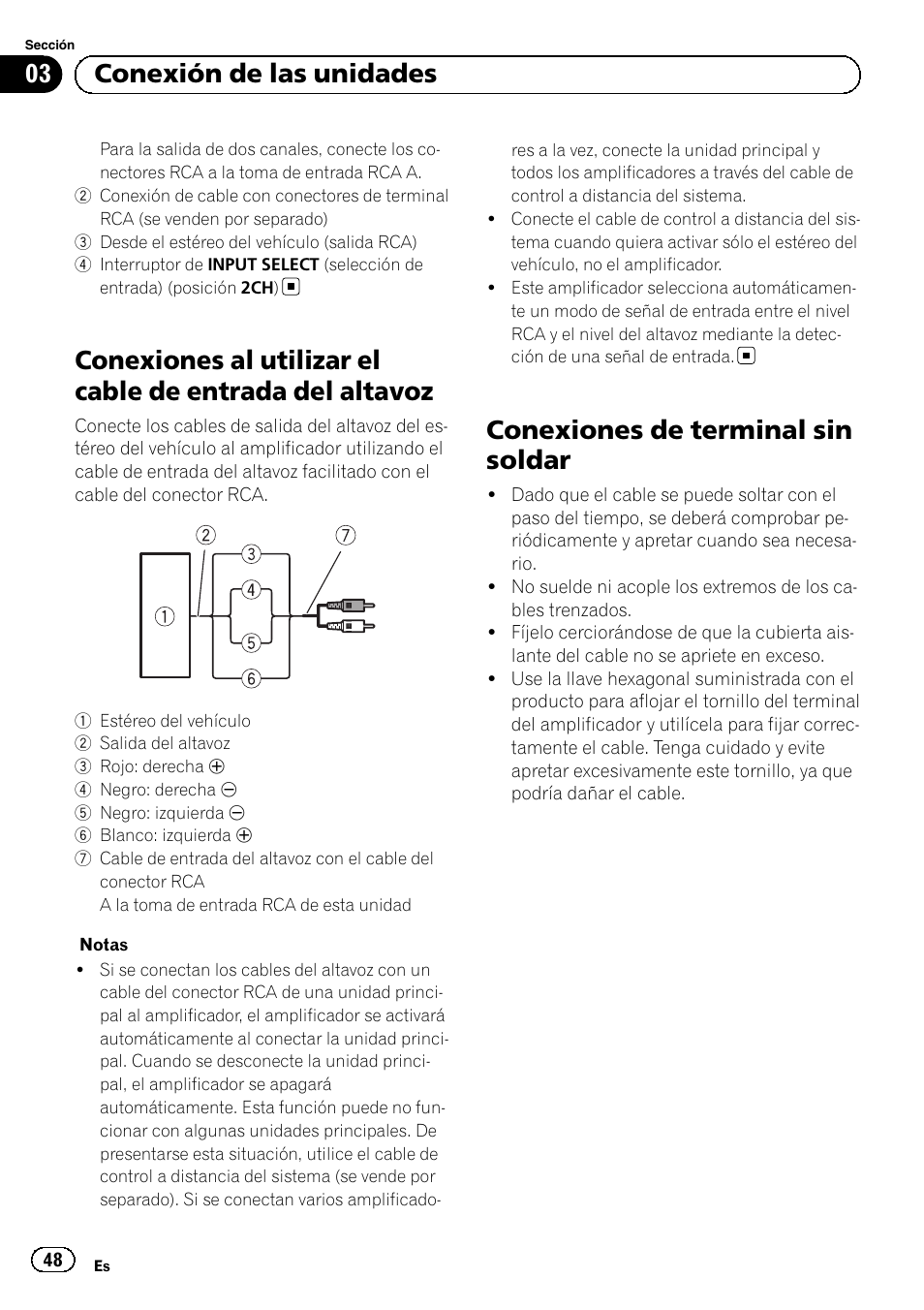 Conexiones de terminal sin soldar, 03 conexión de las unidades | Pioneer GM-D8604 User Manual | Page 48 / 96
