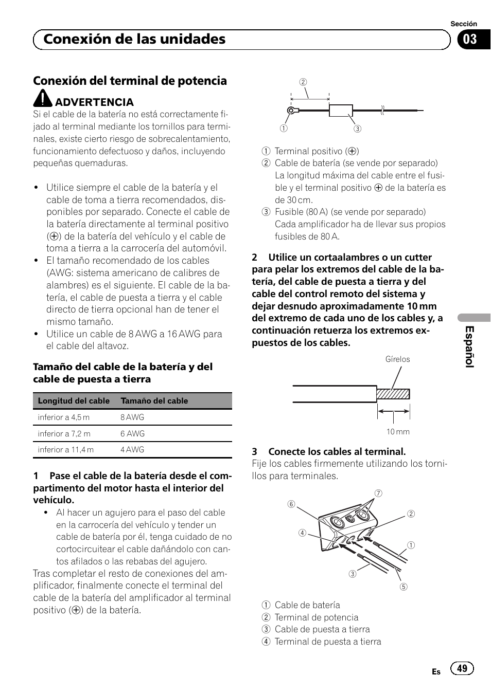 03 conexión de las unidades, Conexión del terminal de potencia | Pioneer GM-D8604 User Manual | Page 49 / 96