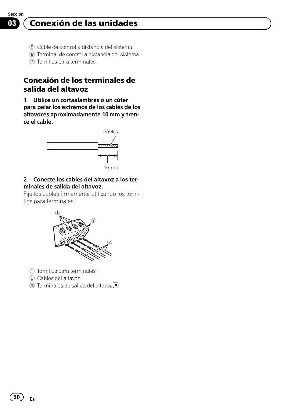 03 conexión de las unidades, Conexión de los terminales de salida del altavoz | Pioneer GM-D8604 User Manual | Page 50 / 96