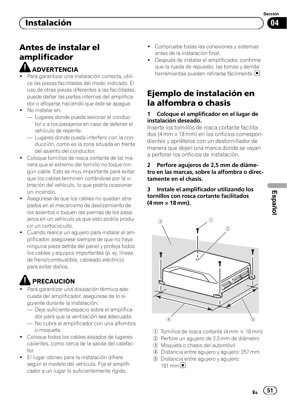 Antes de instalar el amplificador, Ejemplo de instalación en la alfombra o chasis, 04 instalación | Pioneer GM-D8604 User Manual | Page 51 / 96