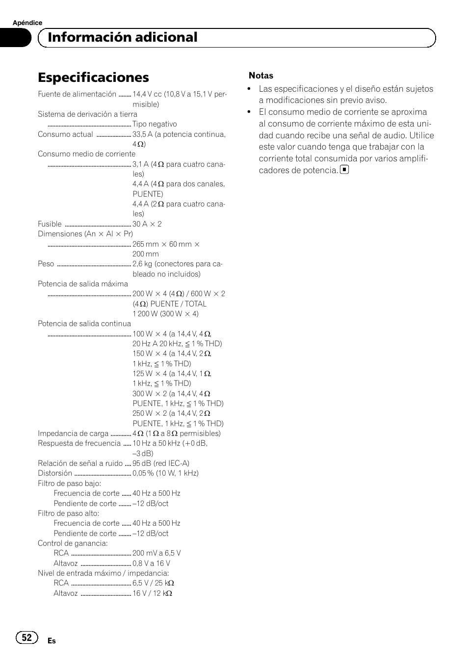 Especificaciones, Información adicional | Pioneer GM-D8604 User Manual | Page 52 / 96