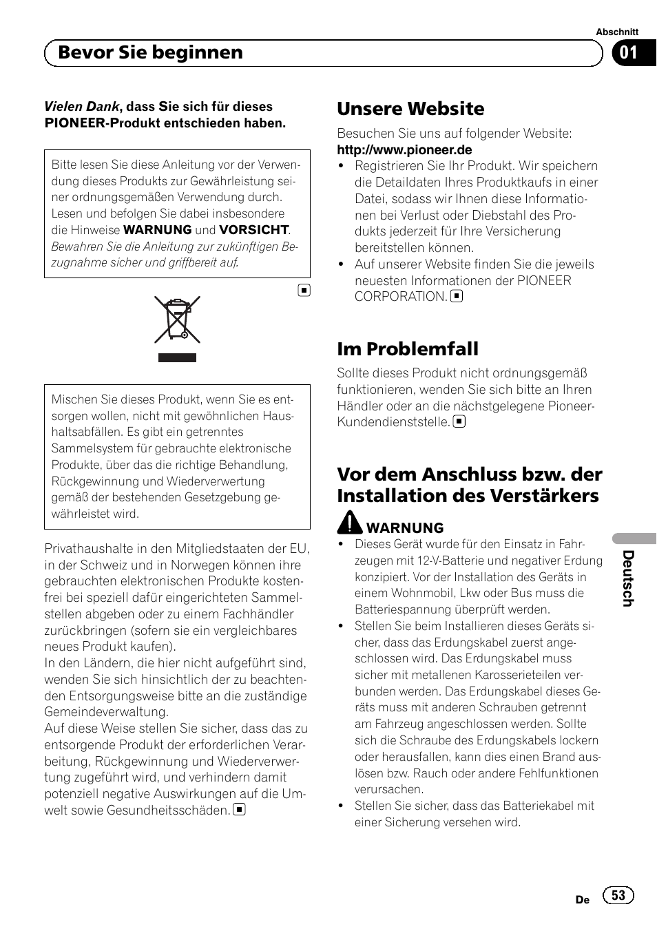 Unsere website, Im problemfall, 01 bevor sie beginnen | Pioneer GM-D8604 User Manual | Page 53 / 96