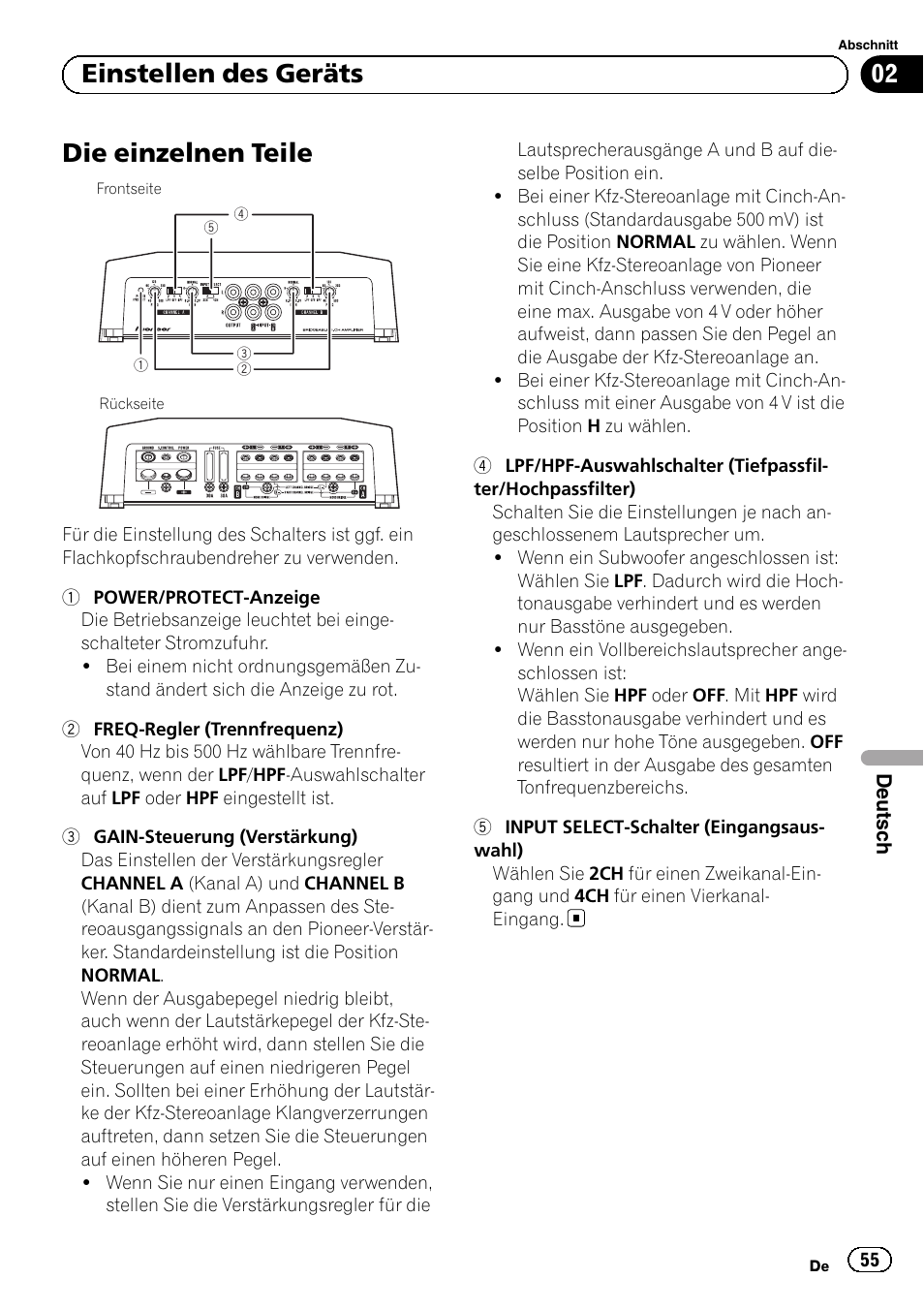 Die einzelnen teile, 02 einstellen des geräts | Pioneer GM-D8604 User Manual | Page 55 / 96