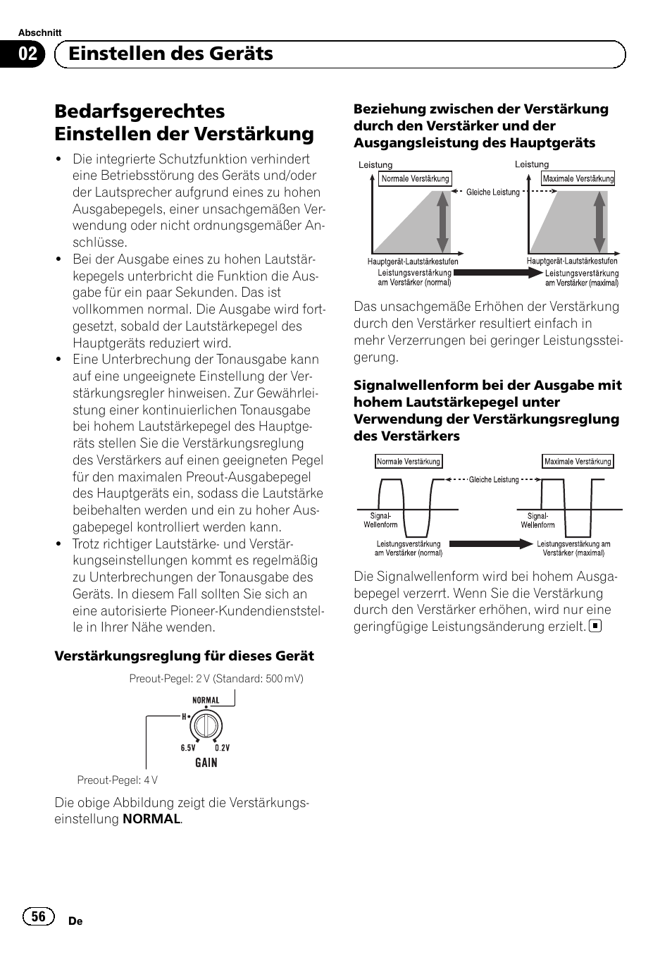 Deutsch, Bedarfsgerechtes einstellen der verstärkung, 02 einstellen des geräts | Pioneer GM-D8604 User Manual | Page 56 / 96