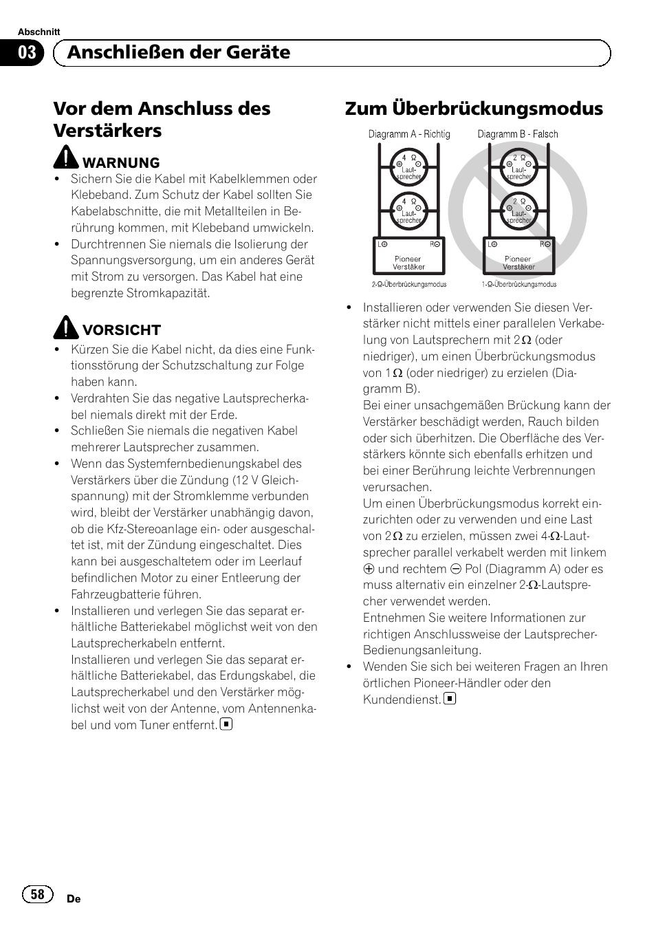 Vor dem anschluss des verstärkers, Zum überbrückungsmodus, 03 anschließen der geräte | Pioneer GM-D8604 User Manual | Page 58 / 96