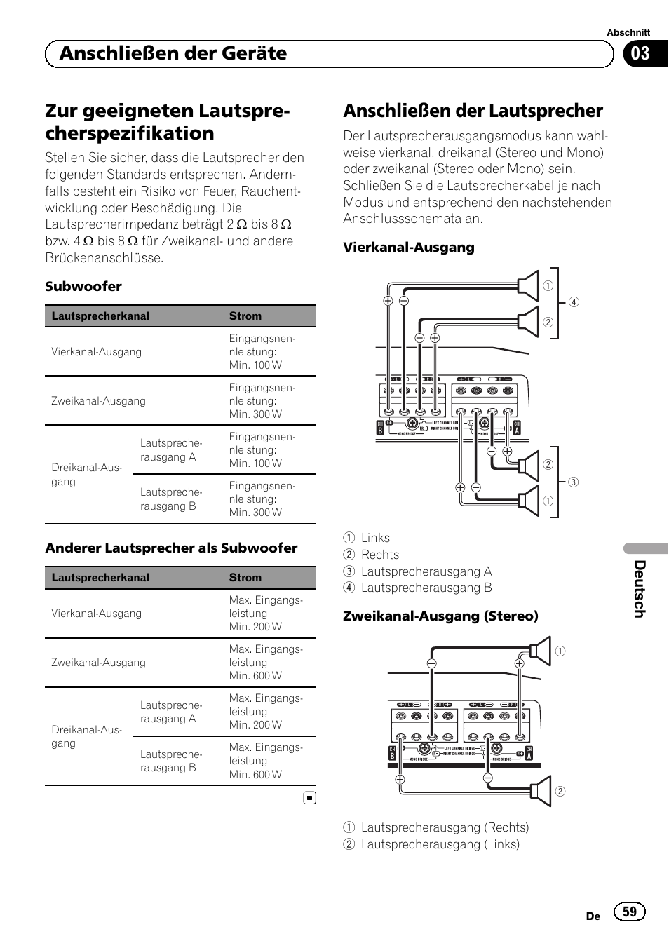Zur geeigneten lautspre- cherspezifikation, Anschließen der lautsprecher, 03 anschließen der geräte | Deutsch | Pioneer GM-D8604 User Manual | Page 59 / 96