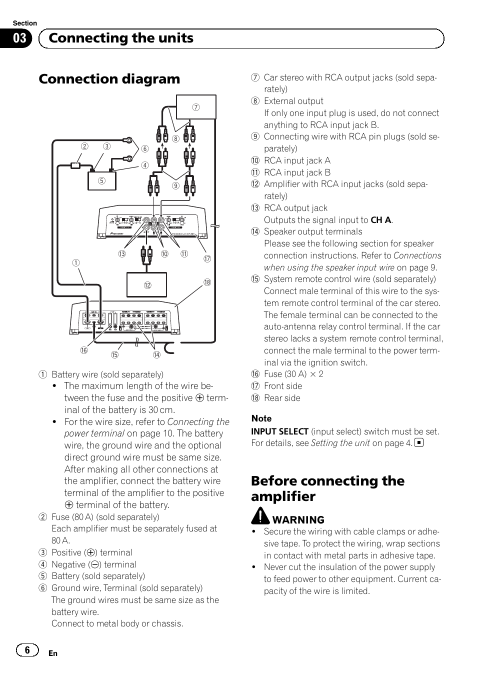 Connection diagram, Before connecting the amplifier, 03 connecting the units | Pioneer GM-D8604 User Manual | Page 6 / 96