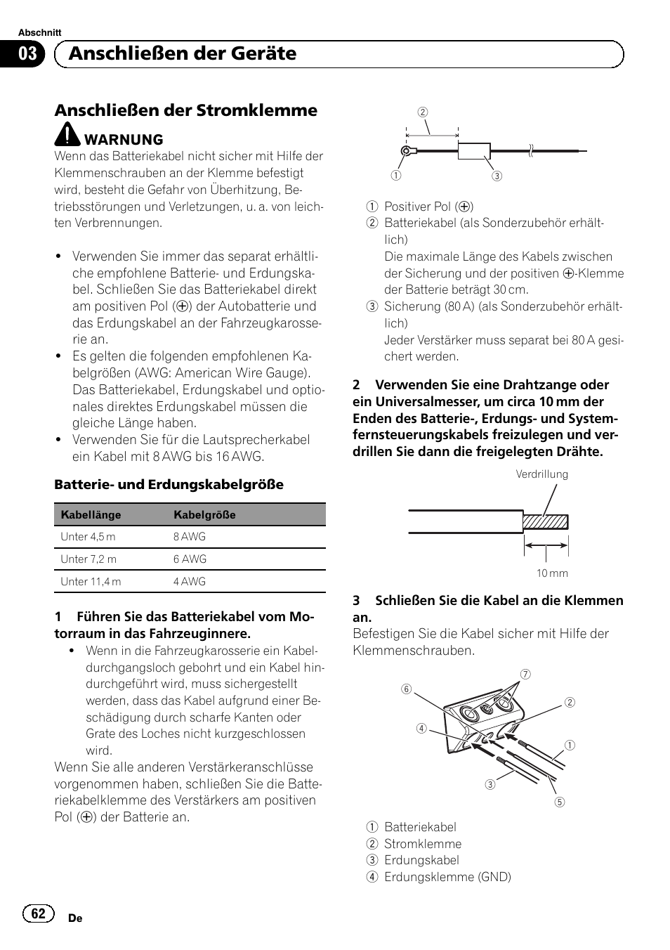 03 anschließen der geräte, Anschließen der stromklemme | Pioneer GM-D8604 User Manual | Page 62 / 96