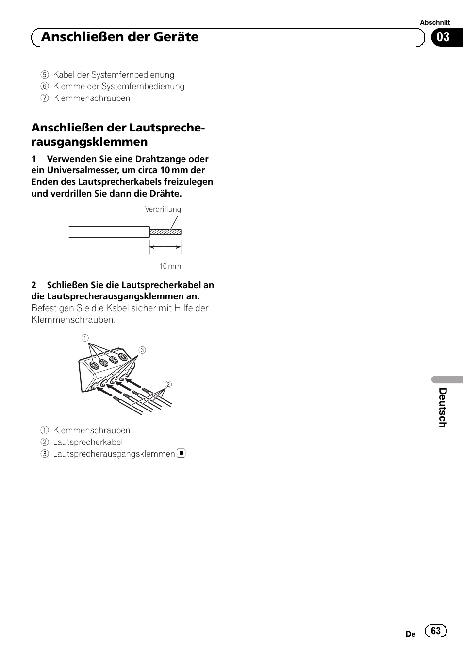 03 anschließen der geräte, Anschließen der lautspreche- rausgangsklemmen | Pioneer GM-D8604 User Manual | Page 63 / 96