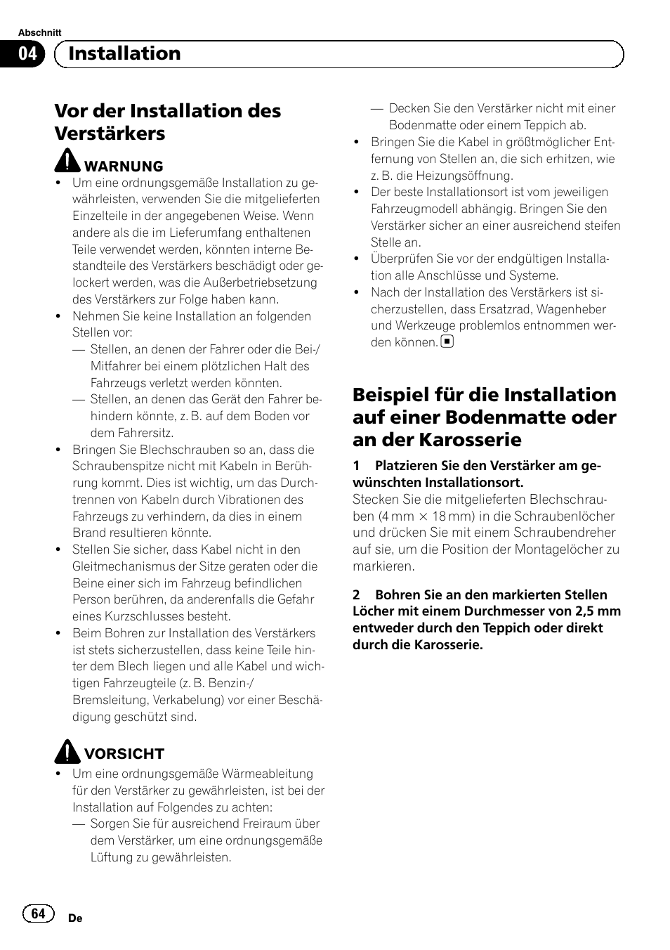 Vor der installation des verstärkers, 04 installation | Pioneer GM-D8604 User Manual | Page 64 / 96