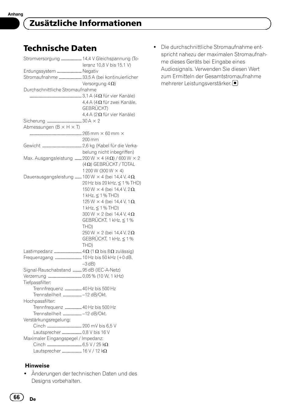 Technische daten, Zusätzliche informationen | Pioneer GM-D8604 User Manual | Page 66 / 96