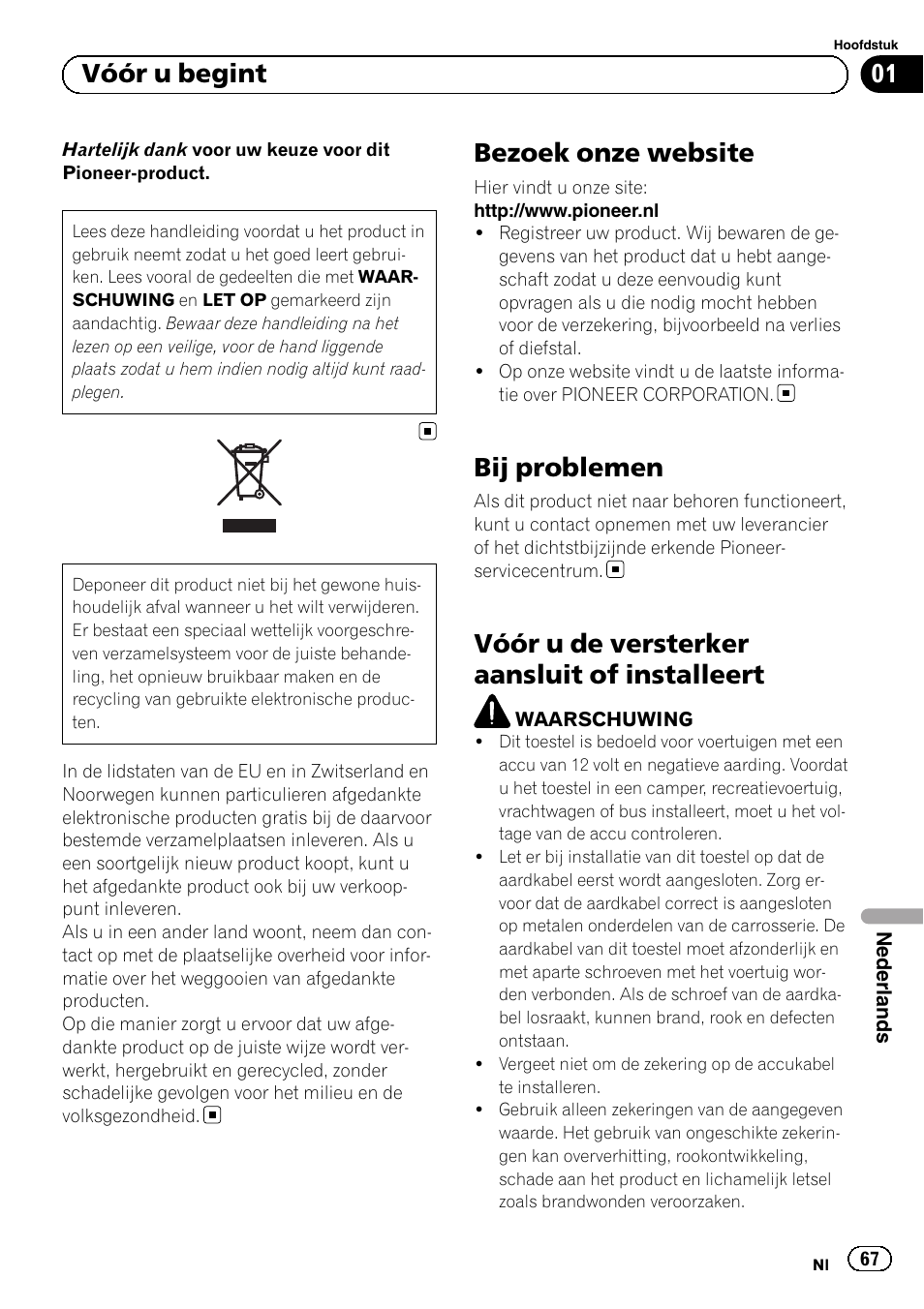 Nederlands, Bezoek onze website, Bij problemen | Vóór u de versterker aansluit of installeert, 01 vóór u begint | Pioneer GM-D8604 User Manual | Page 67 / 96