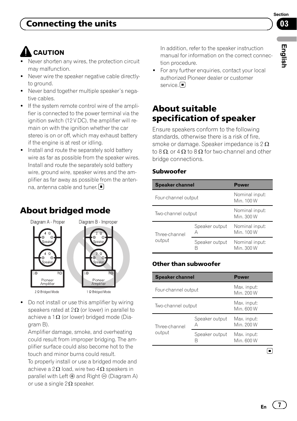 About bridged mode, About suitable specification of speaker, 03 connecting the units | Pioneer GM-D8604 User Manual | Page 7 / 96