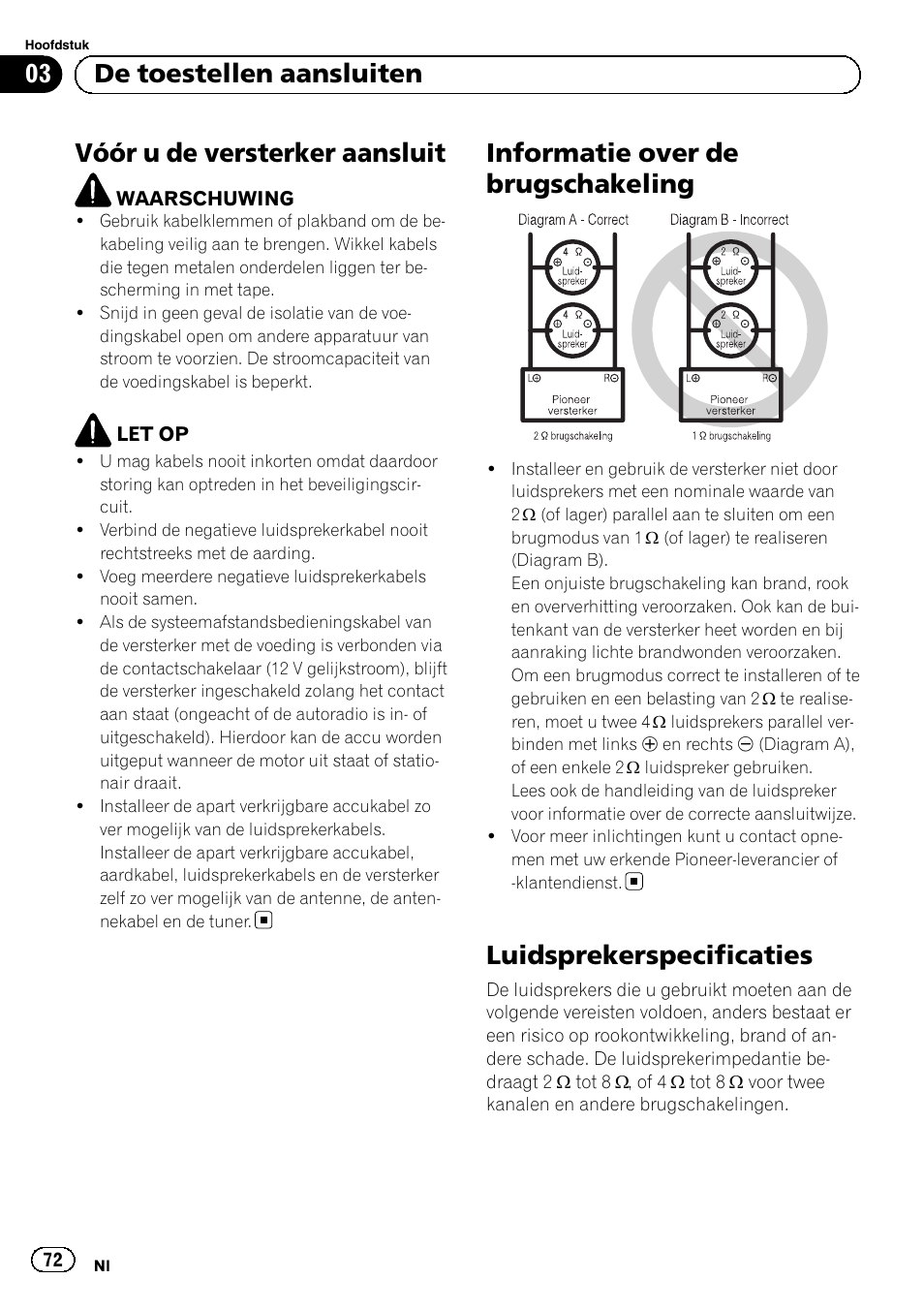 Vóór u de versterker aansluit, Informatie over de brugschakeling, Luidsprekerspecificaties | 03 de toestellen aansluiten | Pioneer GM-D8604 User Manual | Page 72 / 96