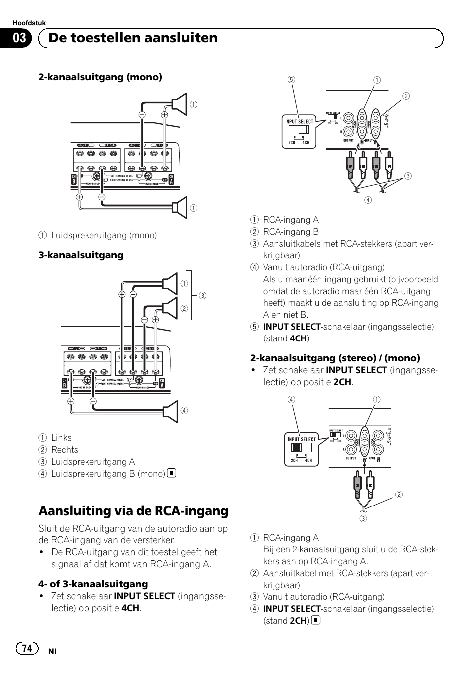 Aansluiting via de rca-ingang, 03 de toestellen aansluiten | Pioneer GM-D8604 User Manual | Page 74 / 96