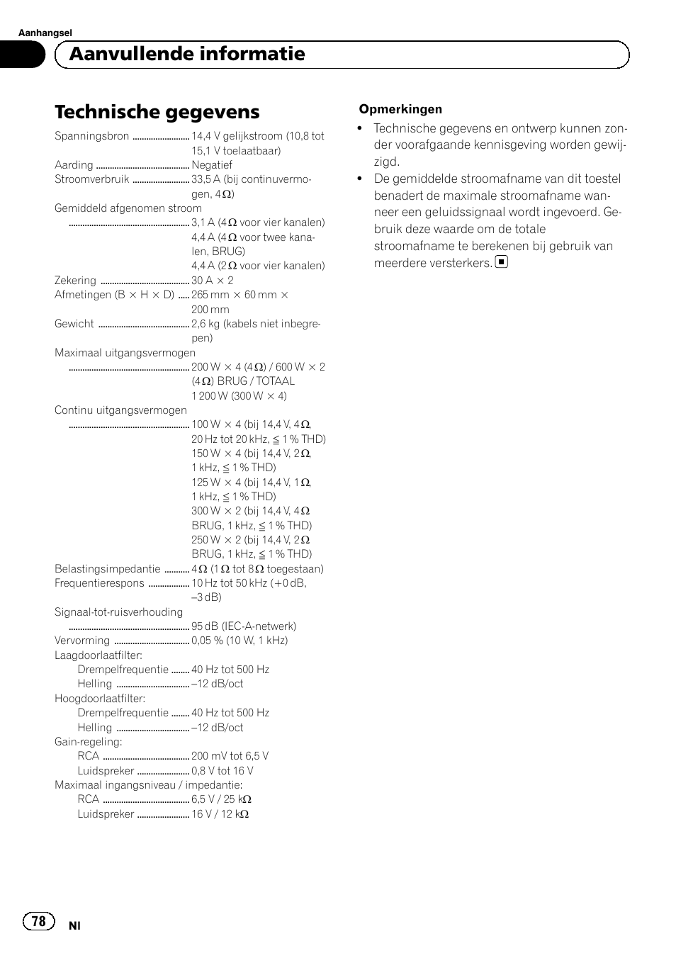 Technische gegevens, Aanvullende informatie | Pioneer GM-D8604 User Manual | Page 78 / 96