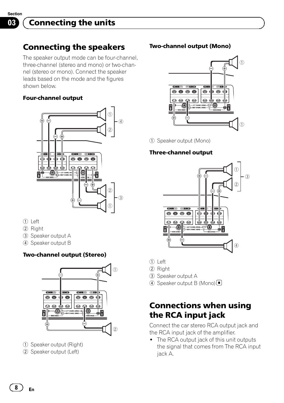 Connecting the speakers, Connections when using the rca input jack, 03 connecting the units | Pioneer GM-D8604 User Manual | Page 8 / 96