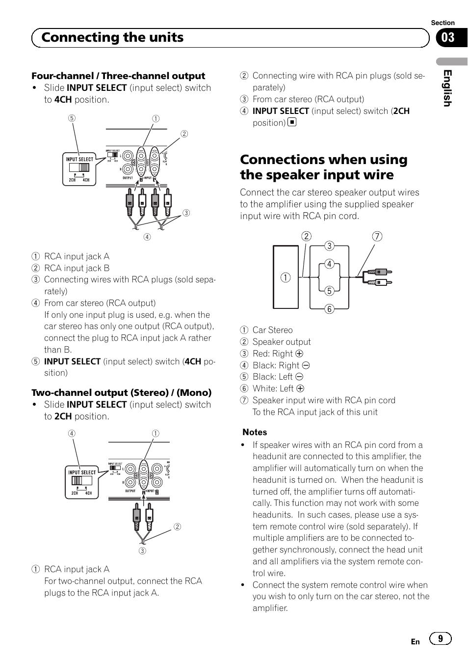 Connections when using the speaker input wire, 03 connecting the units | Pioneer GM-D8604 User Manual | Page 9 / 96