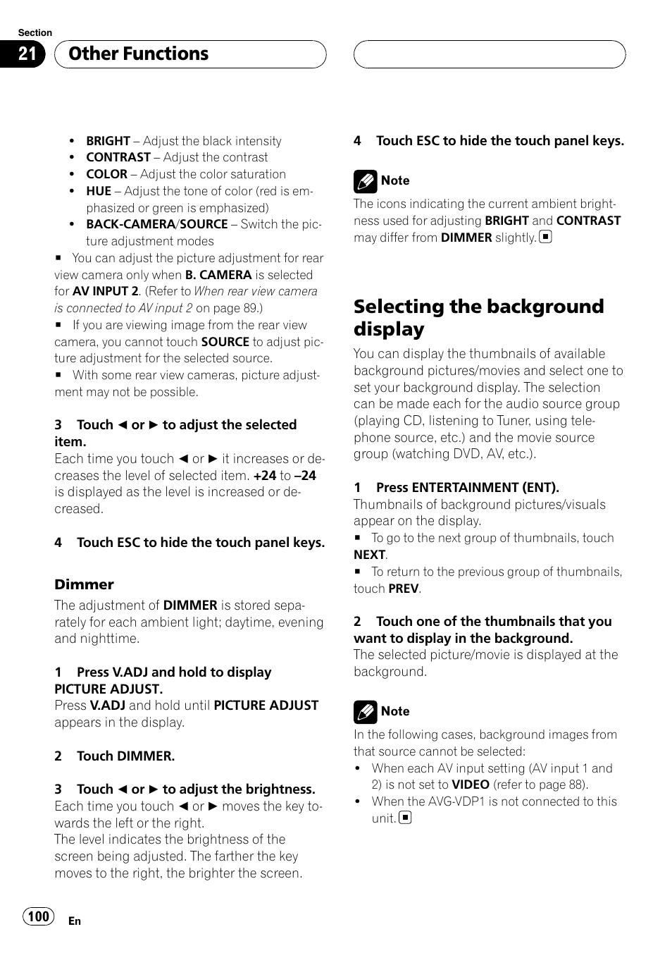 Selecting the background display, Other functions | Pioneer AVH-P6000DVD User Manual | Page 100 / 120