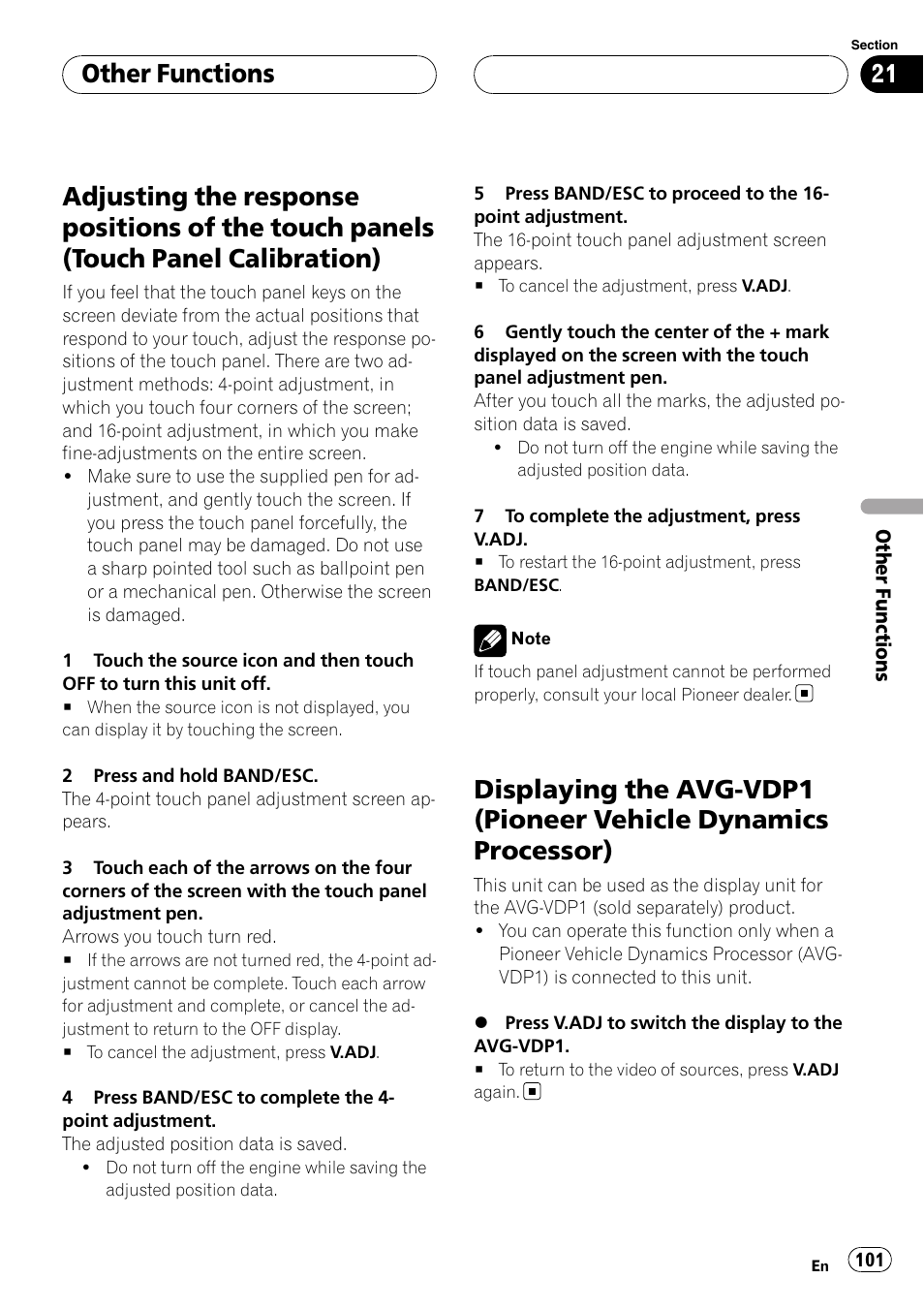 Adjusting the response positions of the, Touch panels (touch panel calibration), Displaying the avg-vdp1 (pioneer vehicle | Dynamics processor), Other functions | Pioneer AVH-P6000DVD User Manual | Page 101 / 120