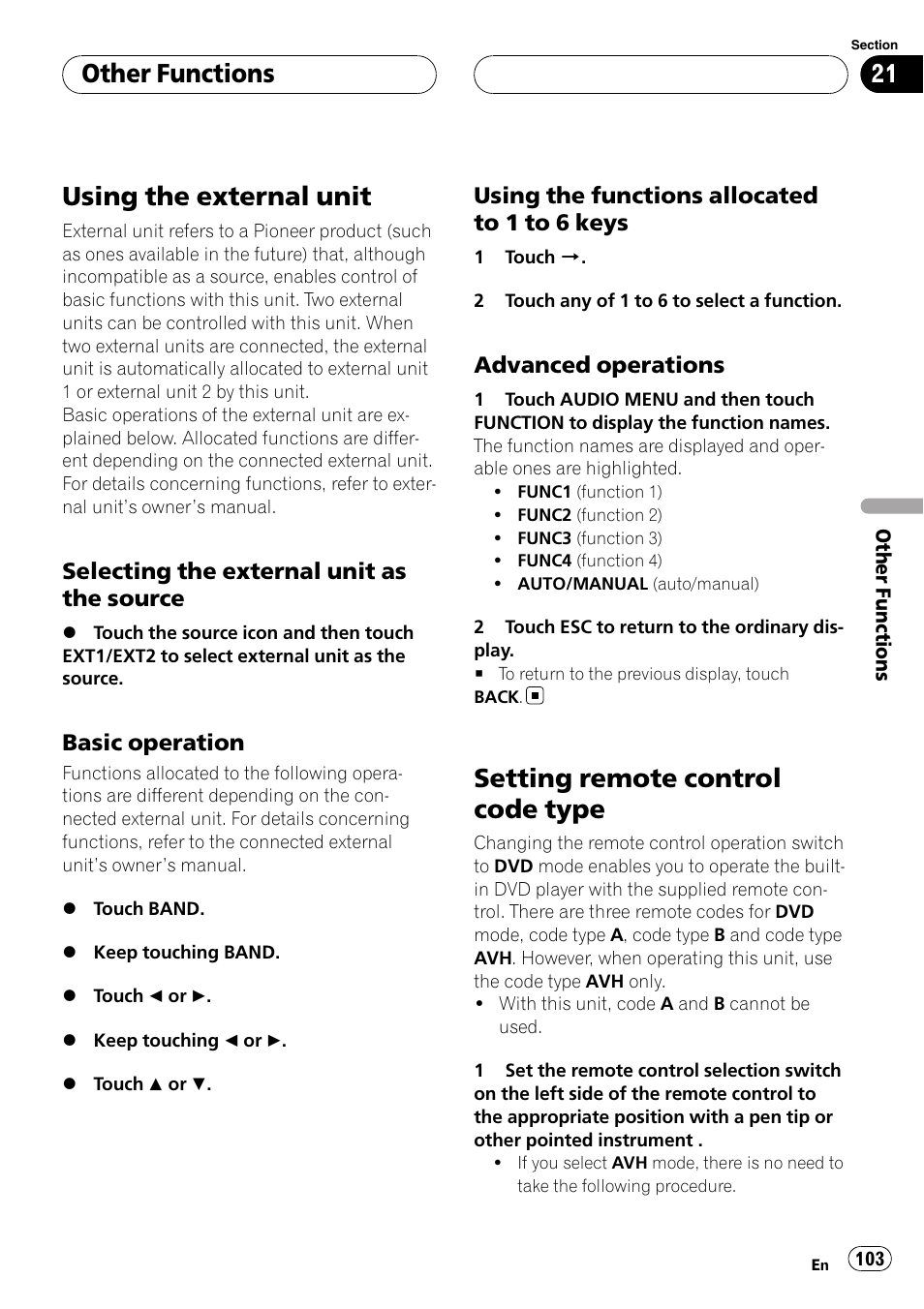 Using the external unit, Setting remote control code type, Other functions | Pioneer AVH-P6000DVD User Manual | Page 103 / 120