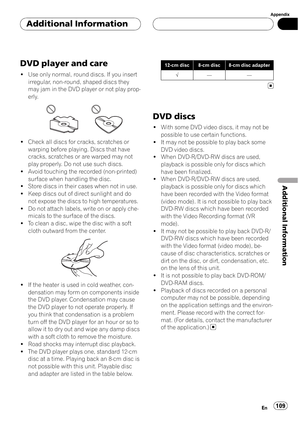 Dvd player and care, Dvd discs, Additional information | Pioneer AVH-P6000DVD User Manual | Page 109 / 120