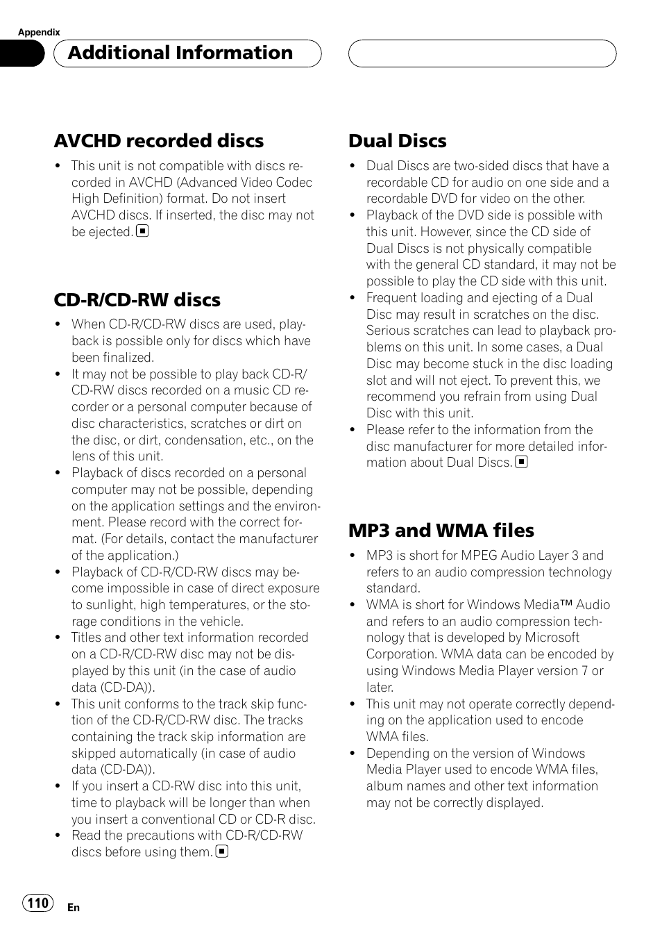 Avchd recorded discs, Cd-r/cd-rw discs, Dual discs | Mp3 and wma files, Additional information | Pioneer AVH-P6000DVD User Manual | Page 110 / 120