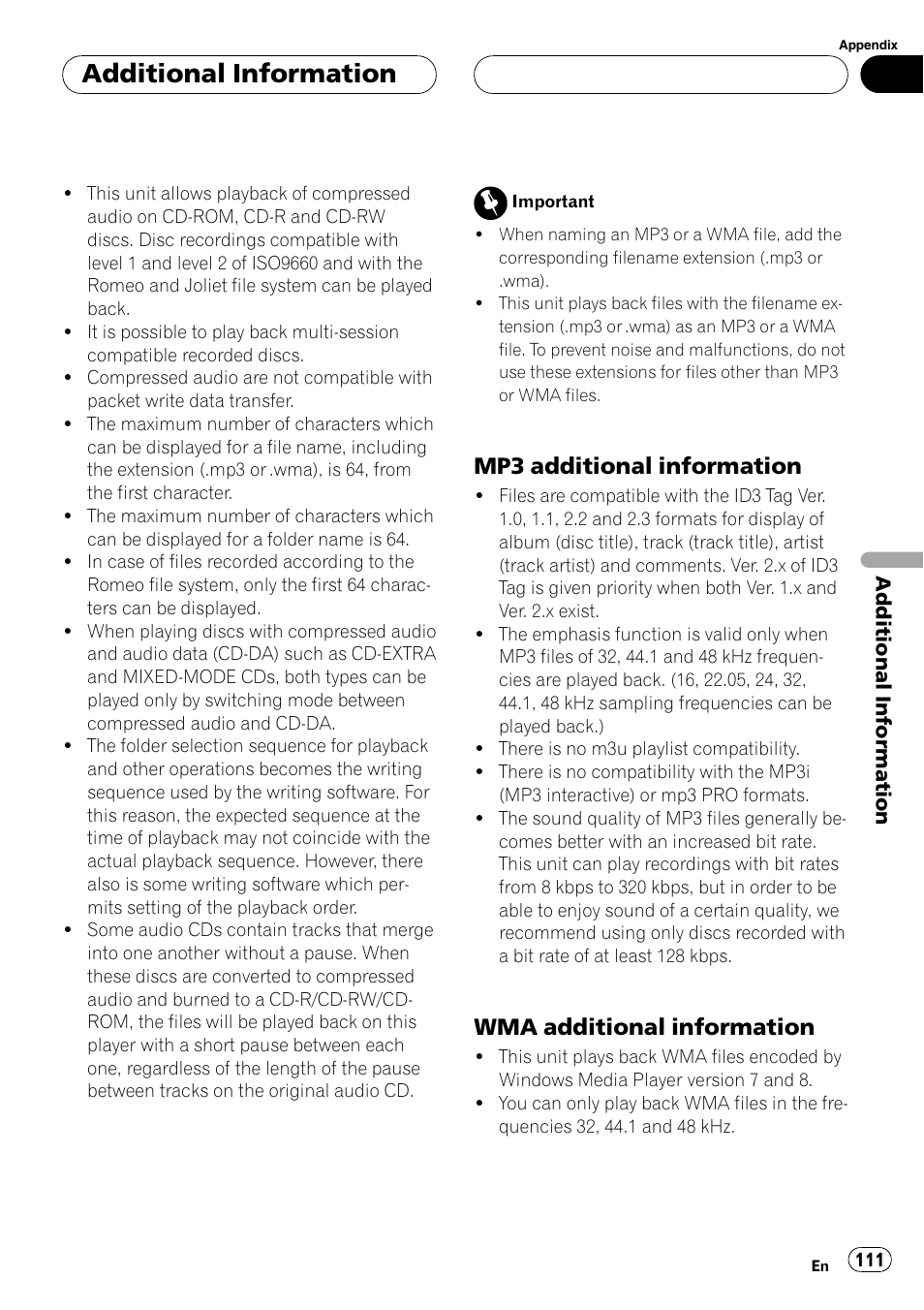 Additional information, Mp3 additional information, Wma additional information | Pioneer AVH-P6000DVD User Manual | Page 111 / 120