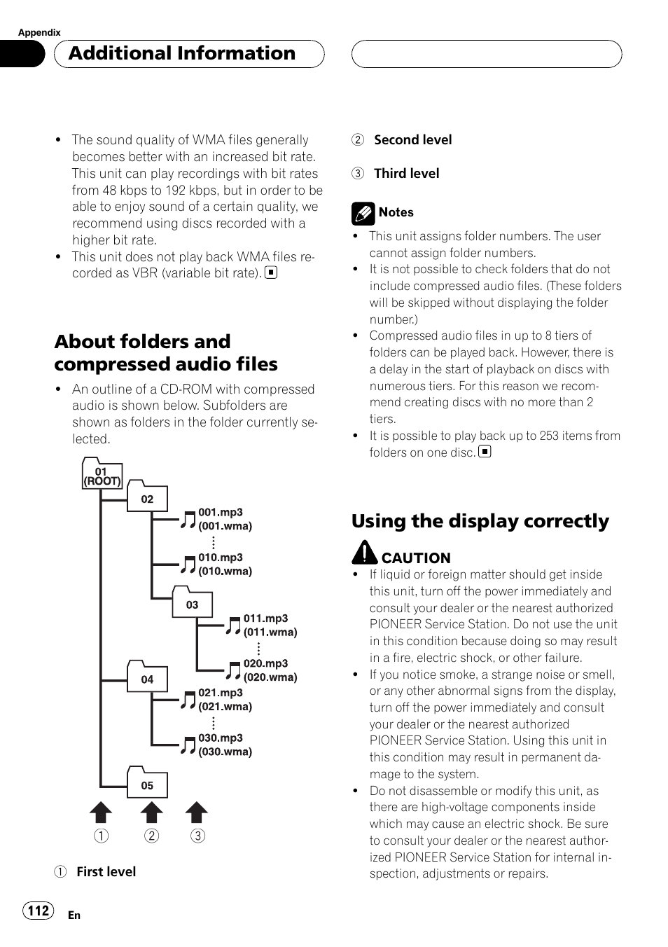 About folders and compressed audio, Files, Using the display correctly | About folders and compressed audio files, Additional information | Pioneer AVH-P6000DVD User Manual | Page 112 / 120