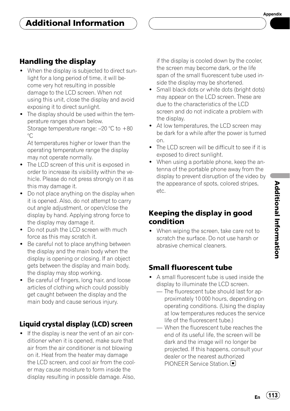 Additional information, Handling the display, Liquid crystal display (lcd) screen | Keeping the display in good condition, Small fluorescent tube | Pioneer AVH-P6000DVD User Manual | Page 113 / 120