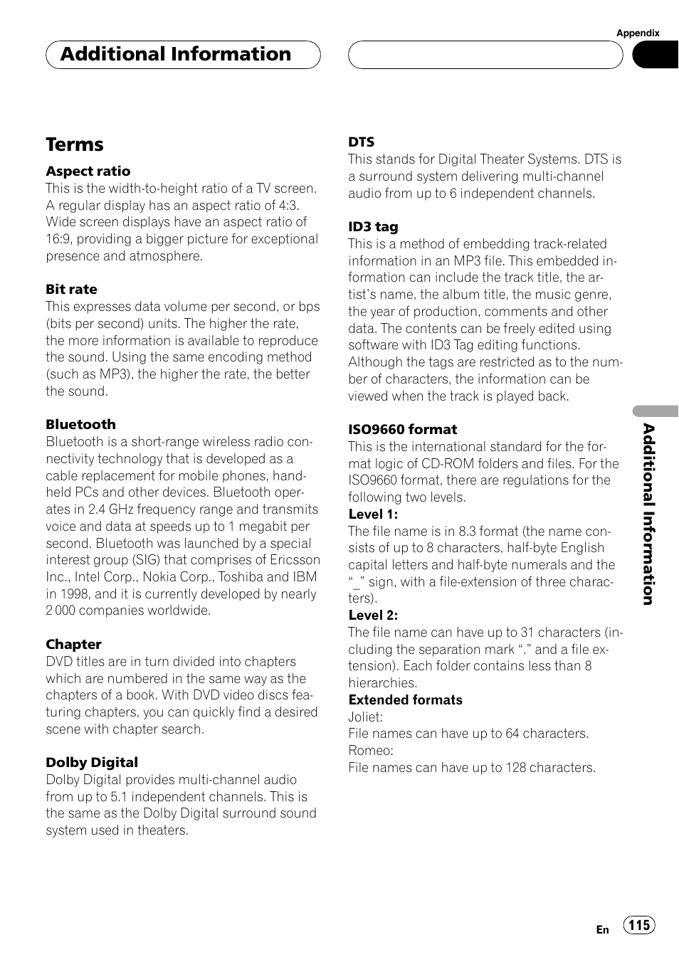 Terms, Additional information | Pioneer AVH-P6000DVD User Manual | Page 115 / 120