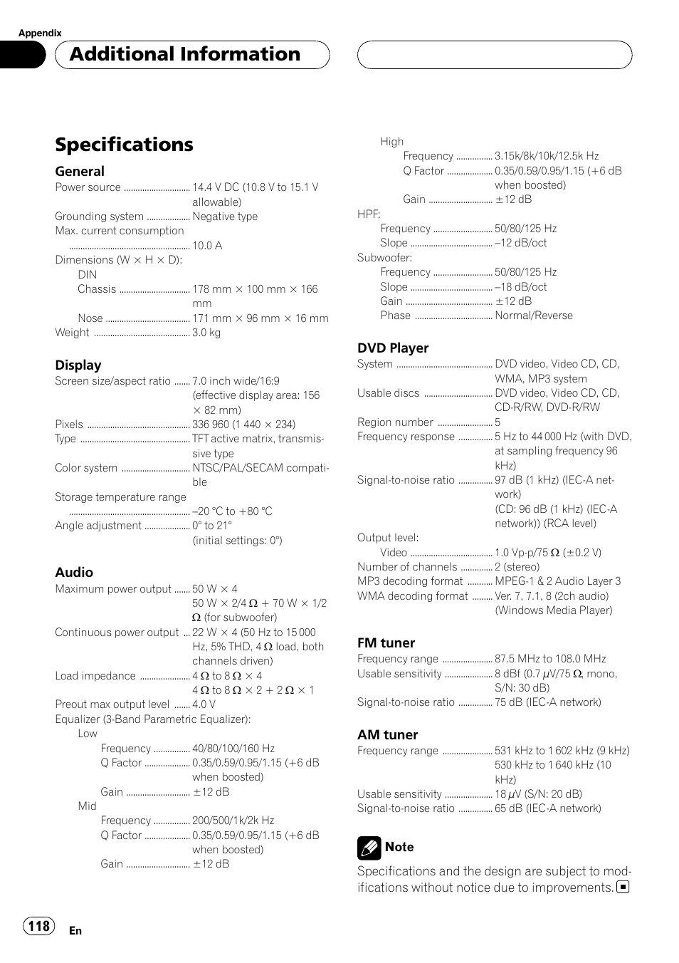 Specifications, Additional information | Pioneer AVH-P6000DVD User Manual | Page 118 / 120