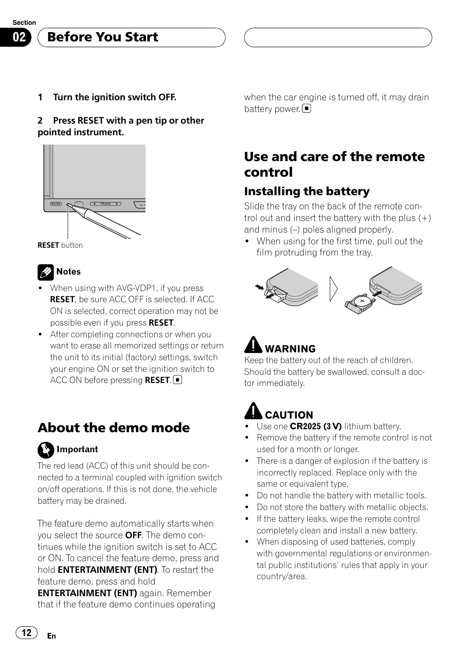 About the demo mode, Use and care of the remote control, Before you start | Installing the battery | Pioneer AVH-P6000DVD User Manual | Page 12 / 120