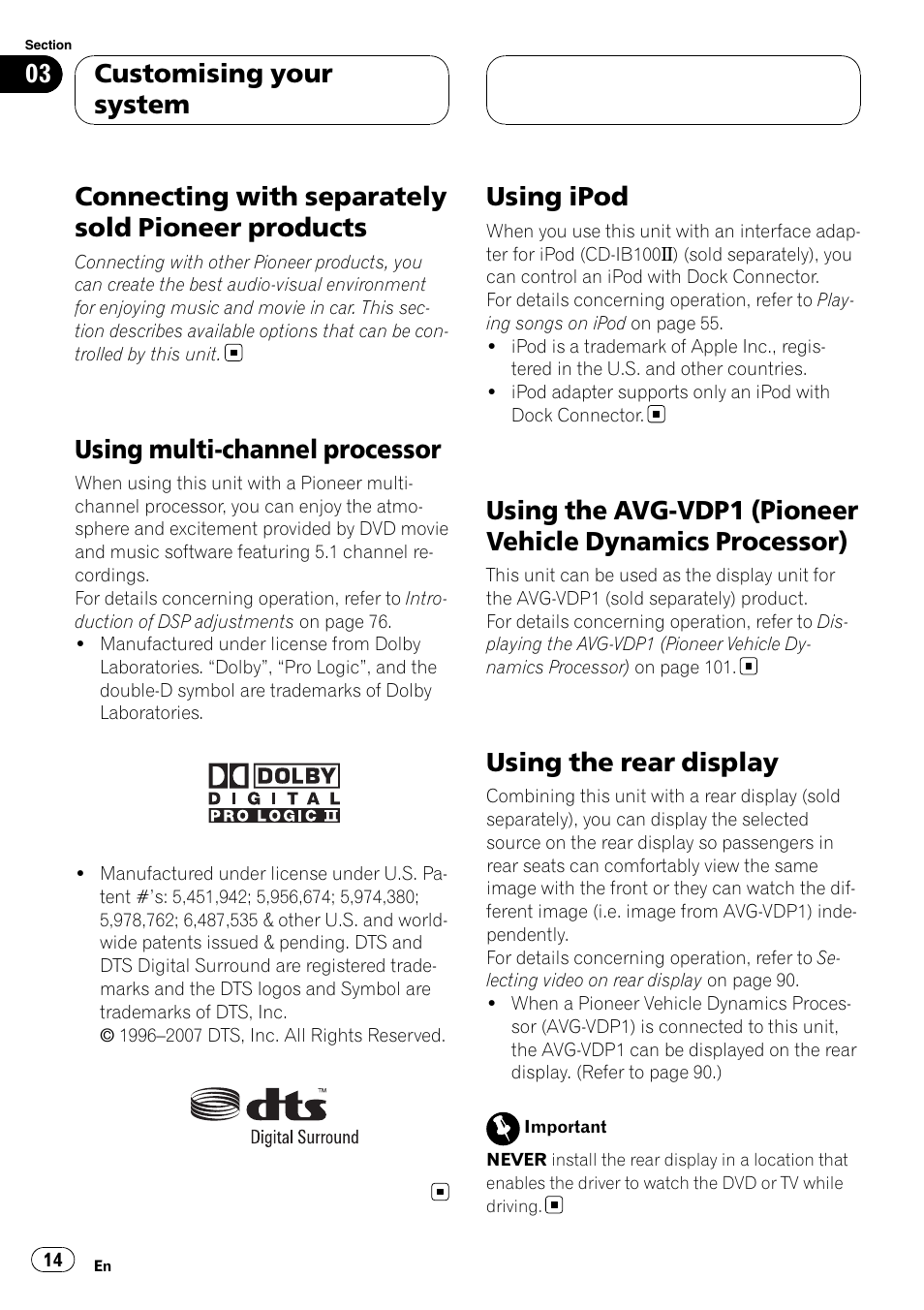 Products, Using multi-channel processor, Using ipod | Using the avg-vdp1 (pioneer vehicle, Dynamics processor), Using the rear display, Connecting with separately sold pioneer products, Customising your system | Pioneer AVH-P6000DVD User Manual | Page 14 / 120