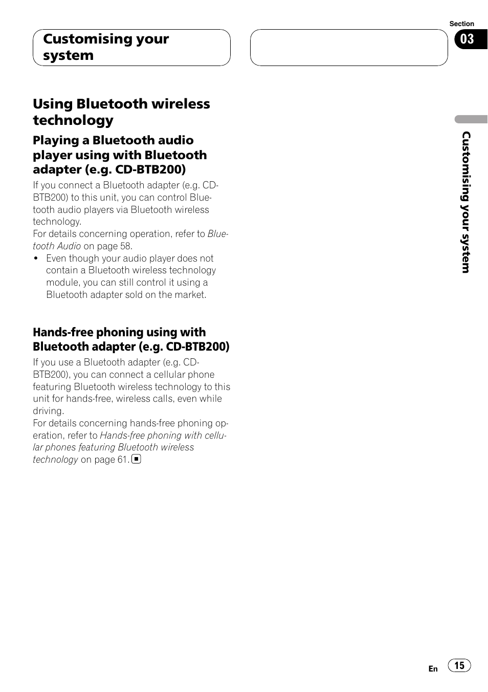 Using bluetooth wireless technology, Customising your system | Pioneer AVH-P6000DVD User Manual | Page 15 / 120