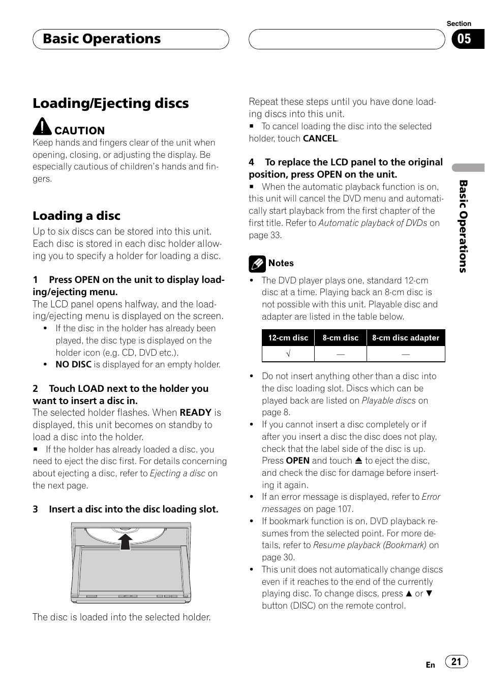 Loading/ejecting discs, Basic operations, Loading a disc | Pioneer AVH-P6000DVD User Manual | Page 21 / 120