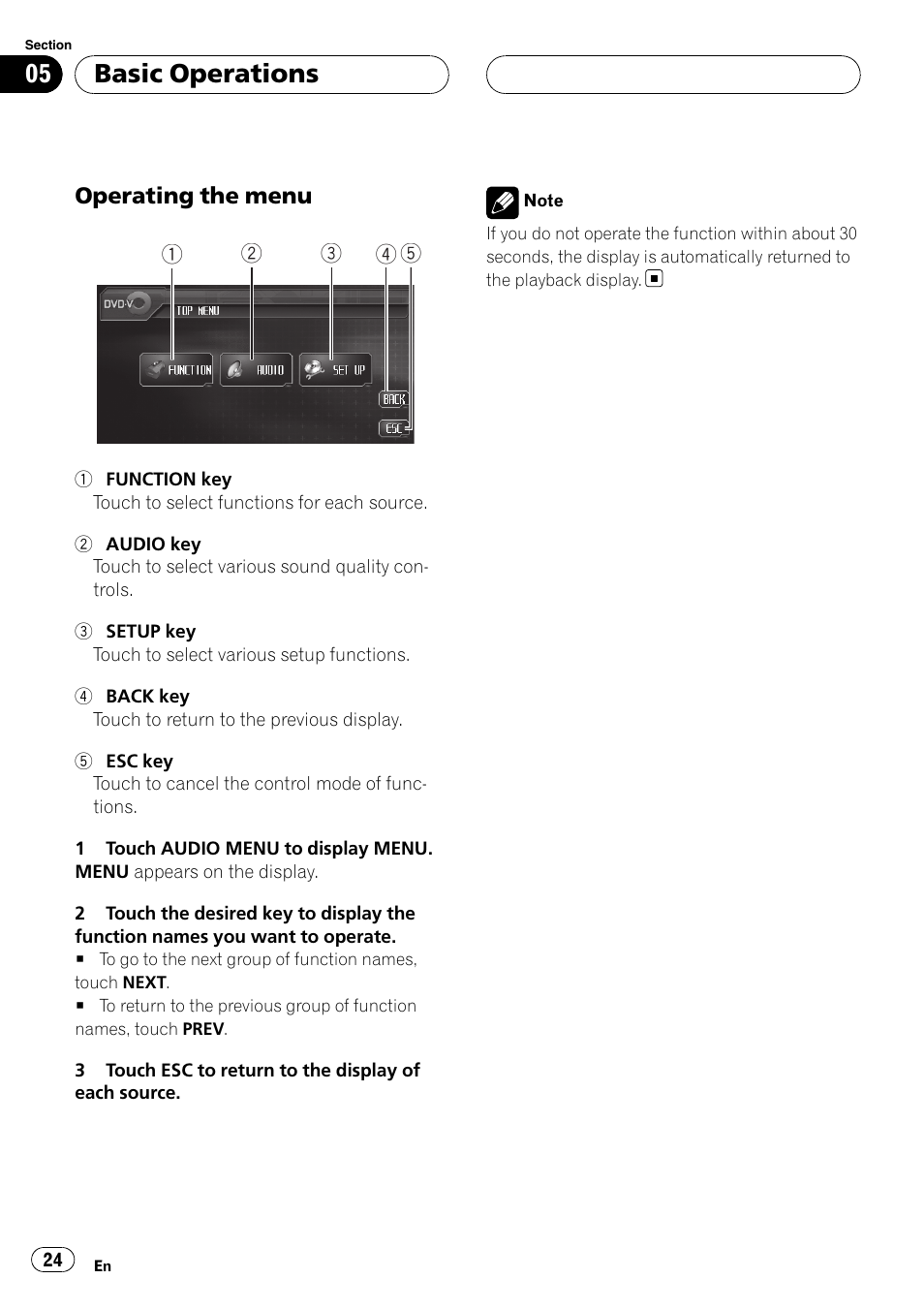Basic operations, Operating the menu | Pioneer AVH-P6000DVD User Manual | Page 24 / 120