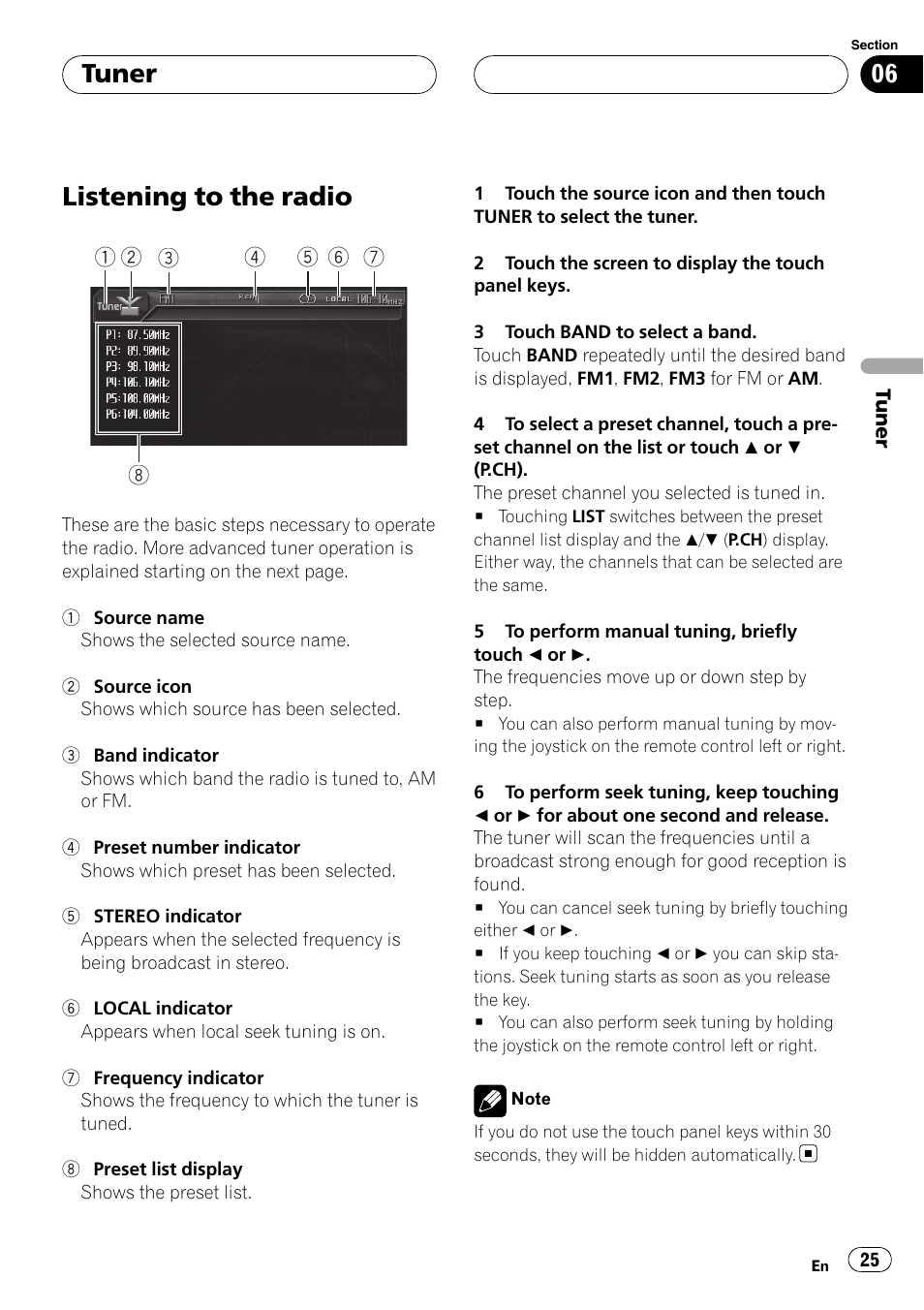 Tuner listening to the radio, Listening to the radio, Tuner | Pioneer AVH-P6000DVD User Manual | Page 25 / 120