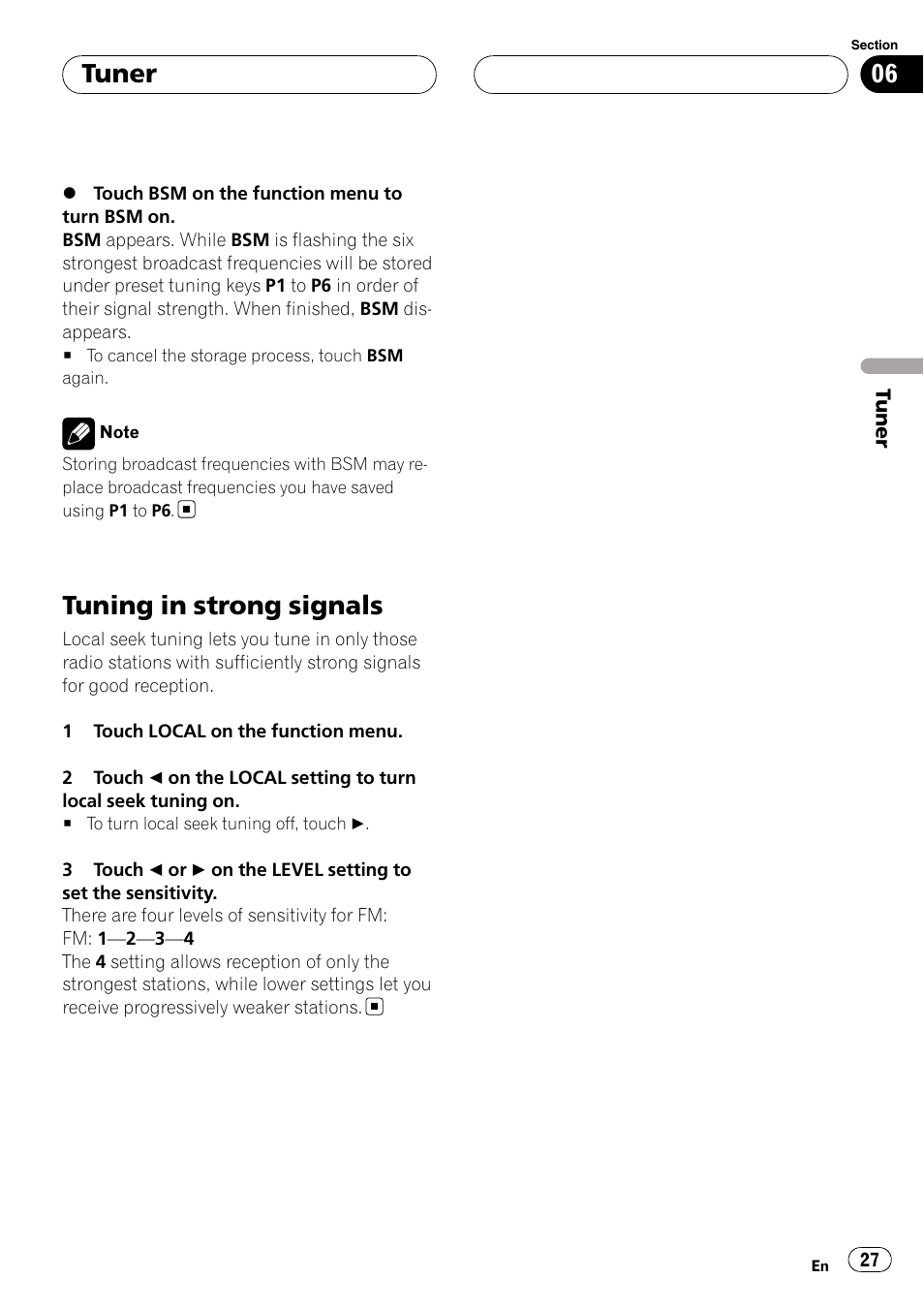 Tuning in strong signals, Tuner | Pioneer AVH-P6000DVD User Manual | Page 27 / 120