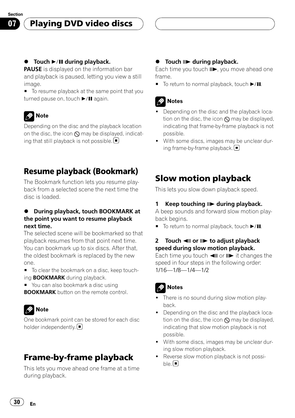 Resume playback (bookmark), Frame-by-frame playback, Slow motion playback | Playing dvd video discs | Pioneer AVH-P6000DVD User Manual | Page 30 / 120