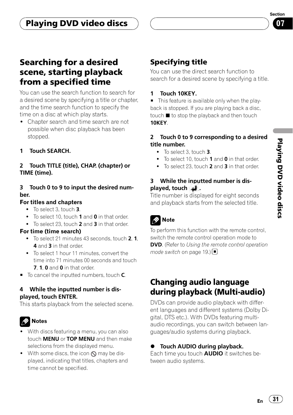 Searching for a desired scene, starting, Playback from a specified time, Changing audio language during playback | Multi-audio), Playing dvd video discs, Specifying title | Pioneer AVH-P6000DVD User Manual | Page 31 / 120