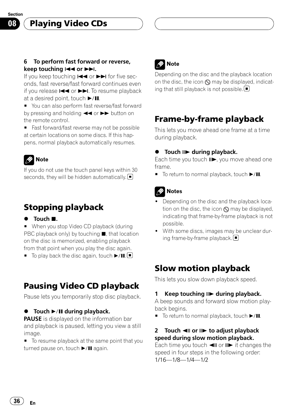 Stopping playback, Pausing video cd playback, Frame-by-frame playback | Slow motion playback, Playing video cds | Pioneer AVH-P6000DVD User Manual | Page 36 / 120