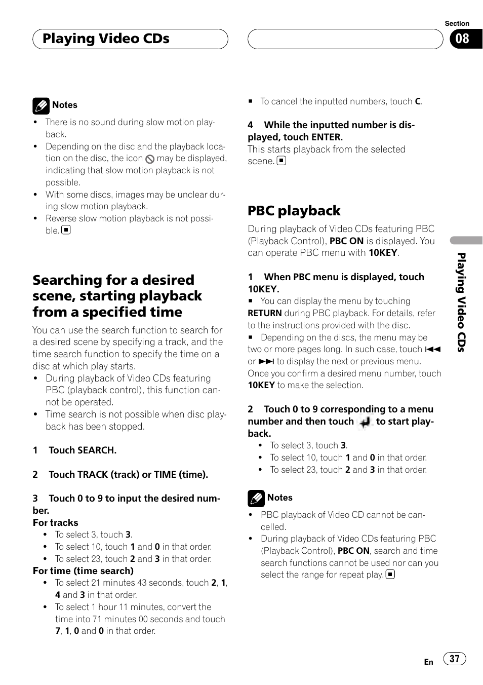 Searching for a desired scene, starting, Playback from a specified time, Pbc playback | Playing video cds | Pioneer AVH-P6000DVD User Manual | Page 37 / 120