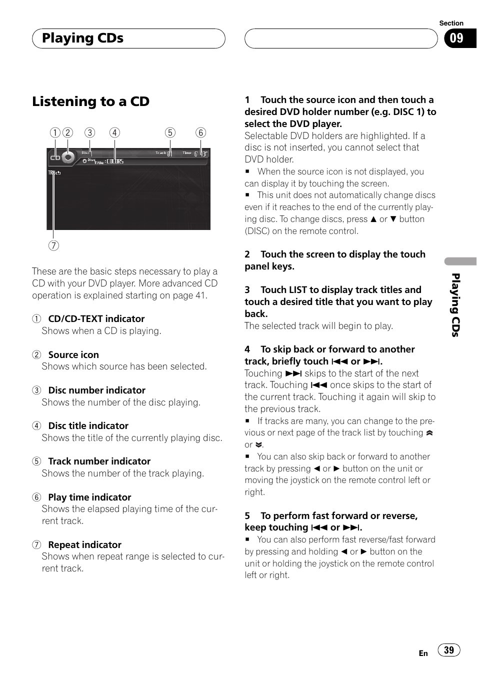 Playing cds listening to a cd, Listening to a cd, Playing cds | Pioneer AVH-P6000DVD User Manual | Page 39 / 120