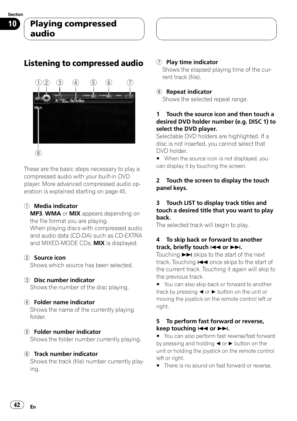 Listening to compressed audio, Playing compressed audio | Pioneer AVH-P6000DVD User Manual | Page 42 / 120