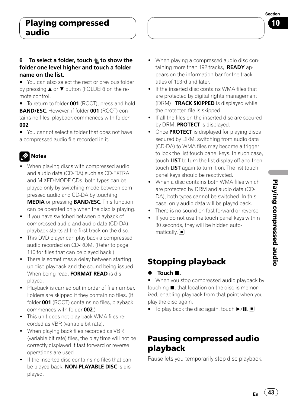 Stopping playback, Pausing compressed audio playback, Playing compressed audio | Pioneer AVH-P6000DVD User Manual | Page 43 / 120