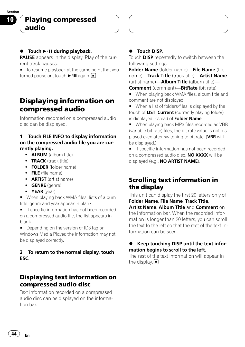 Displaying information on compressed, Audio, Displaying information on compressed audio | Playing compressed audio, Scrolling text information in the display | Pioneer AVH-P6000DVD User Manual | Page 44 / 120
