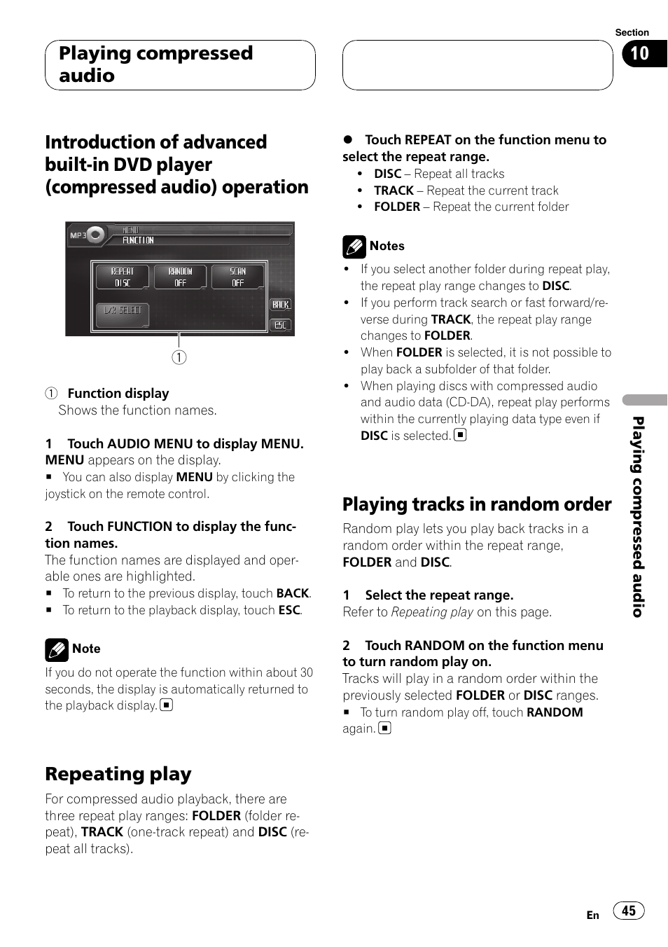 Introduction of advanced built-in dvd player, Compressed audio) operation, Repeating play | Playing tracks in random order, Playing compressed audio | Pioneer AVH-P6000DVD User Manual | Page 45 / 120