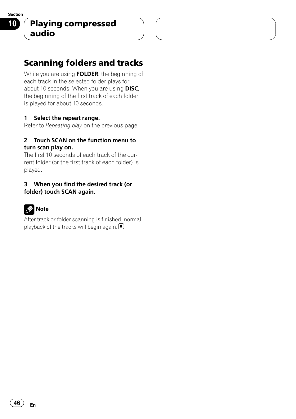 Scanning folders and tracks, Playing compressed audio | Pioneer AVH-P6000DVD User Manual | Page 46 / 120